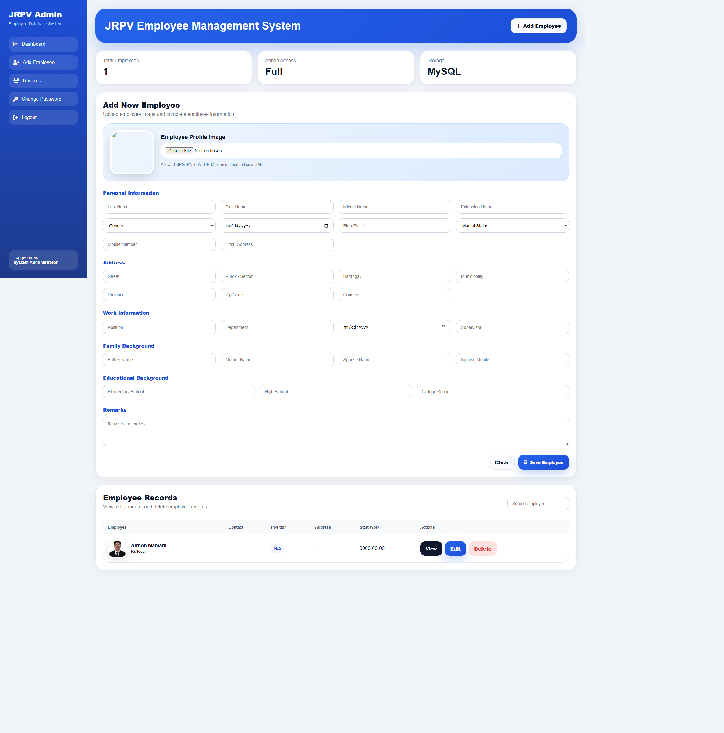 JRPV Employment Management System